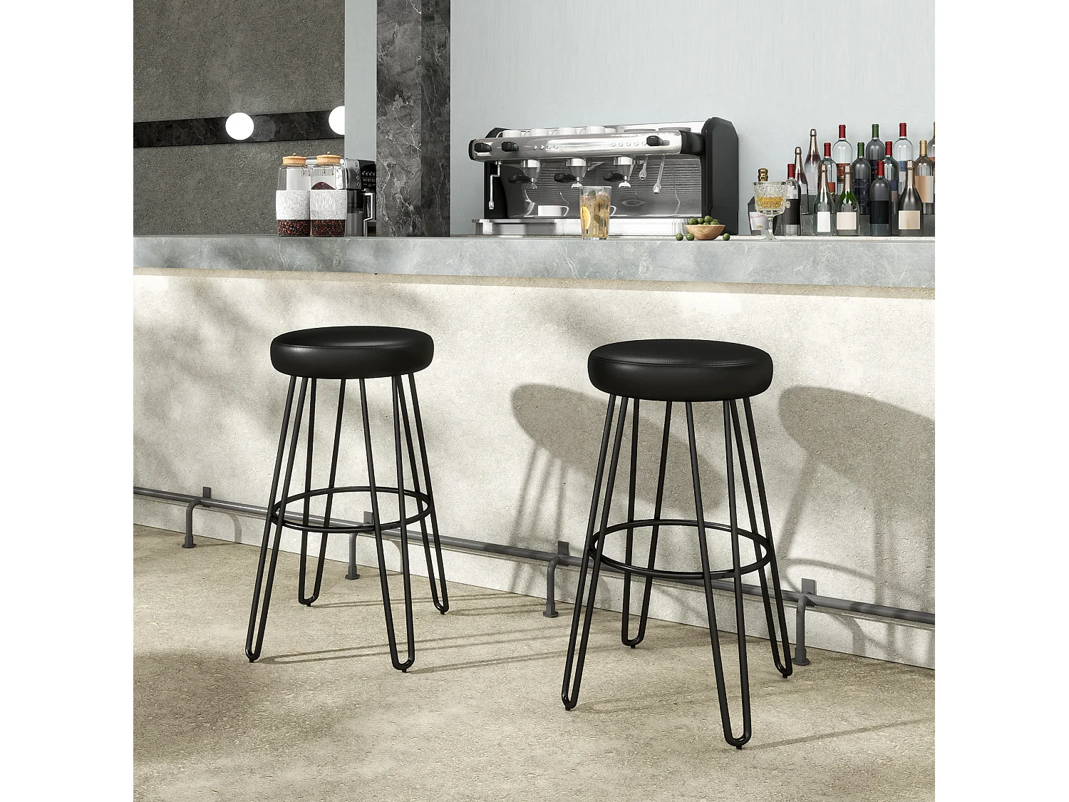 Lot de 2 tabourets de bar style industriel - repose-pieds - piètement épingle acier assise ronde noir