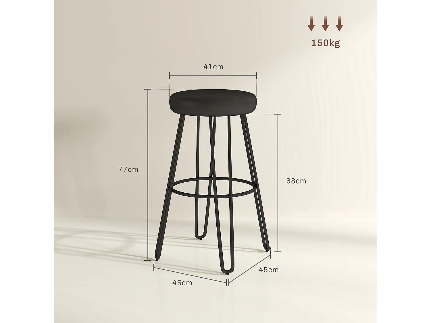 Lot de 2 tabourets de bar style industriel - repose-pieds - piètement épingle acier assise ronde noir