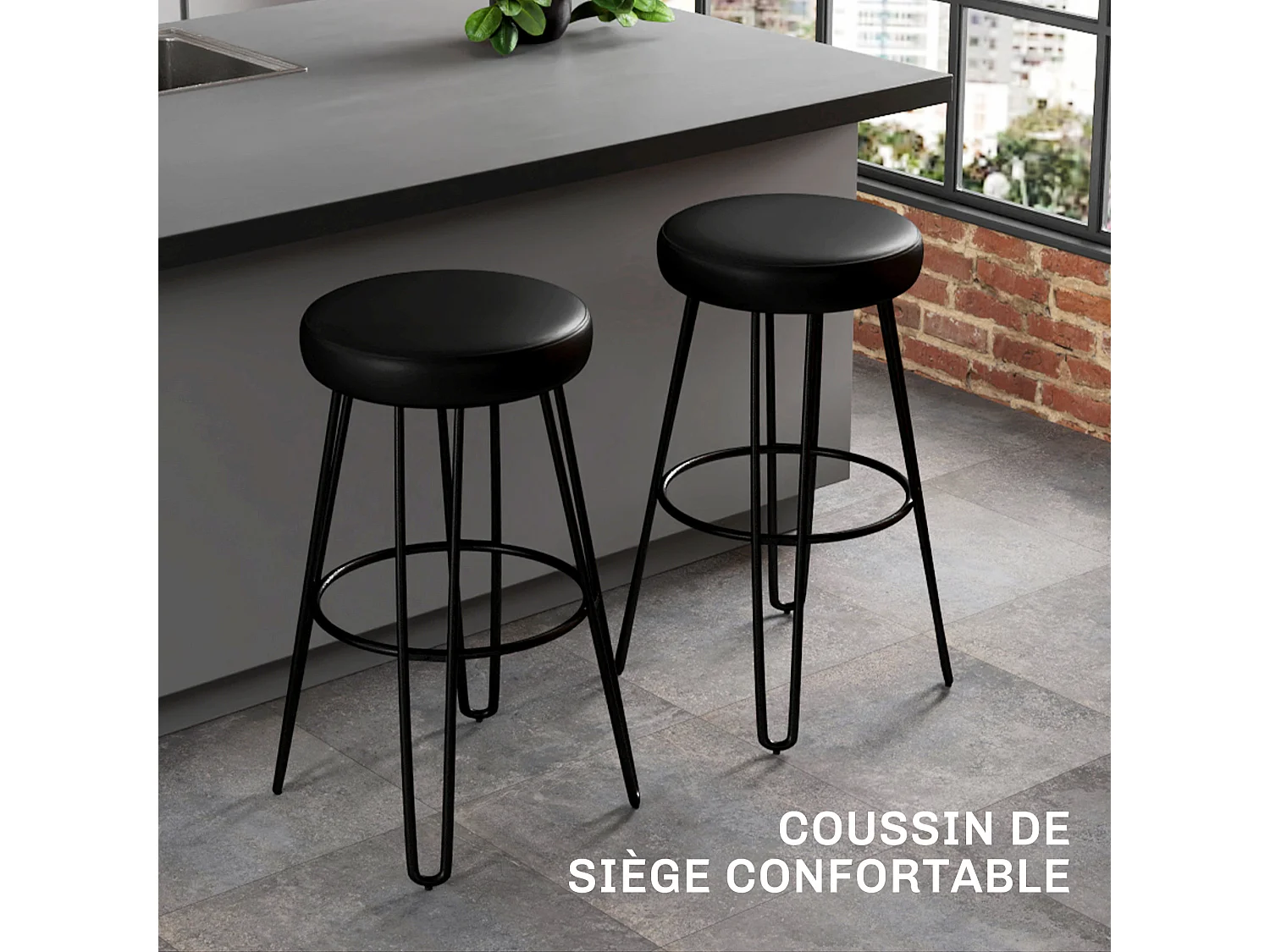 Lot de 2 tabourets de bar style industriel - repose-pieds - piètement épingle acier assise ronde noir