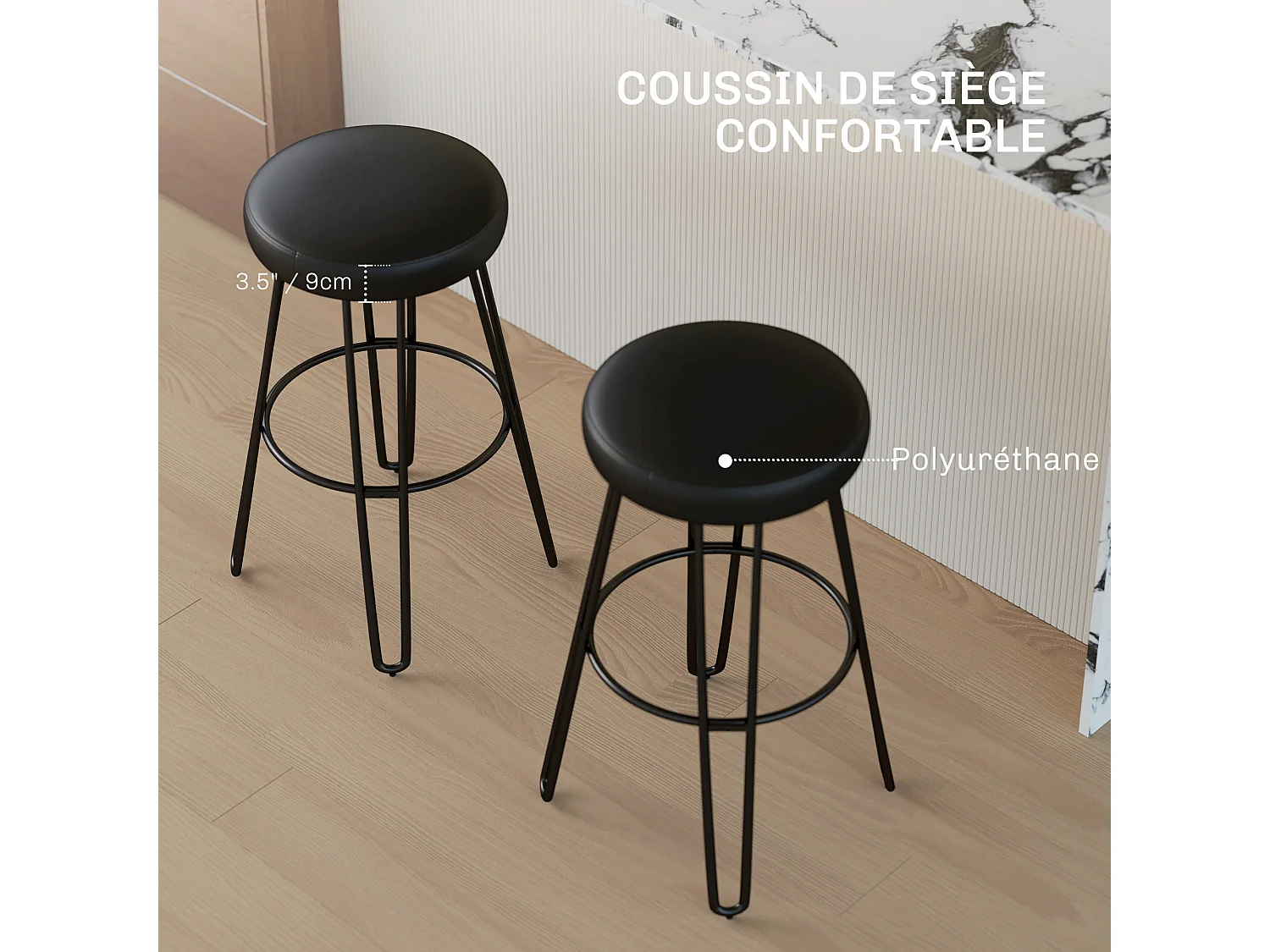 Lot de 2 tabourets de bar style industriel - repose-pieds - piètement épingle acier assise ronde noir