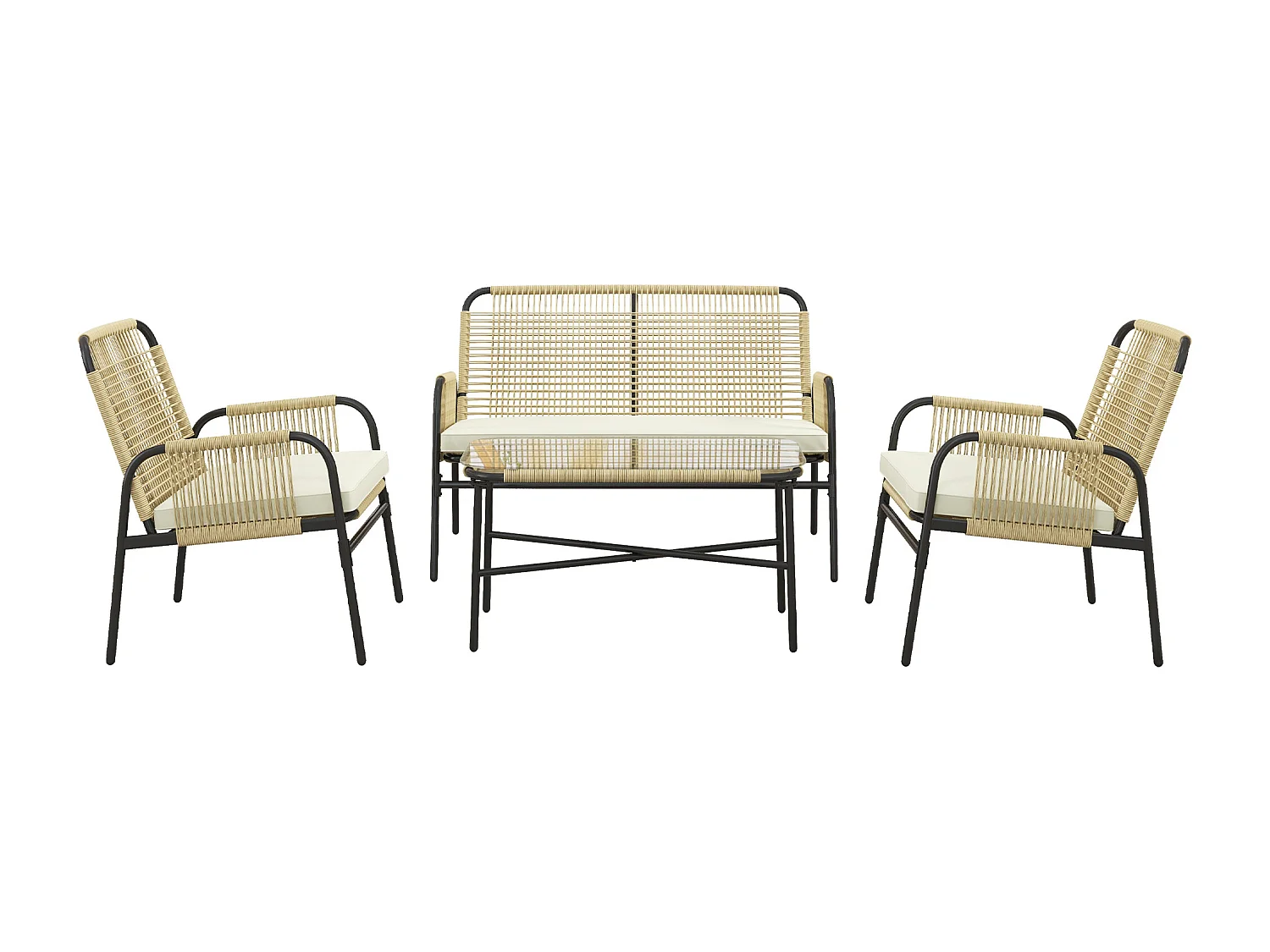 Salon de jardin 4 places 4 pièces style colonial table basse coussins crème inclus résine tressée beige