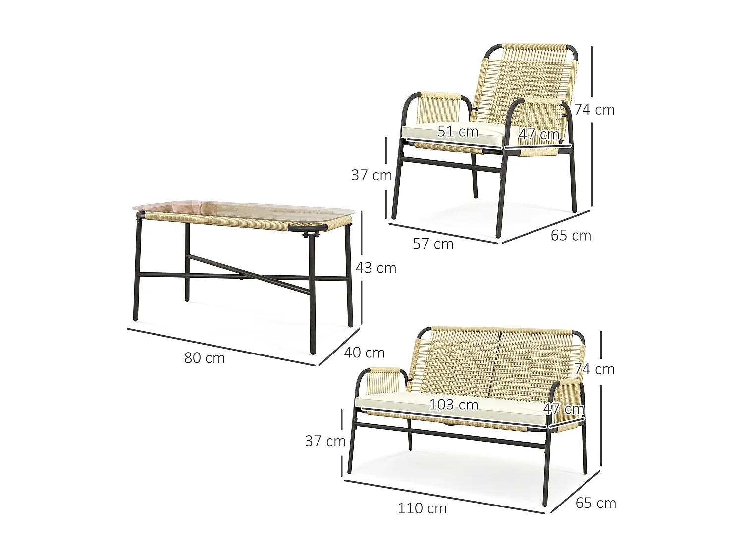 Salon de jardin 4 places 4 pièces style colonial table basse coussins crème inclus résine tressée beige