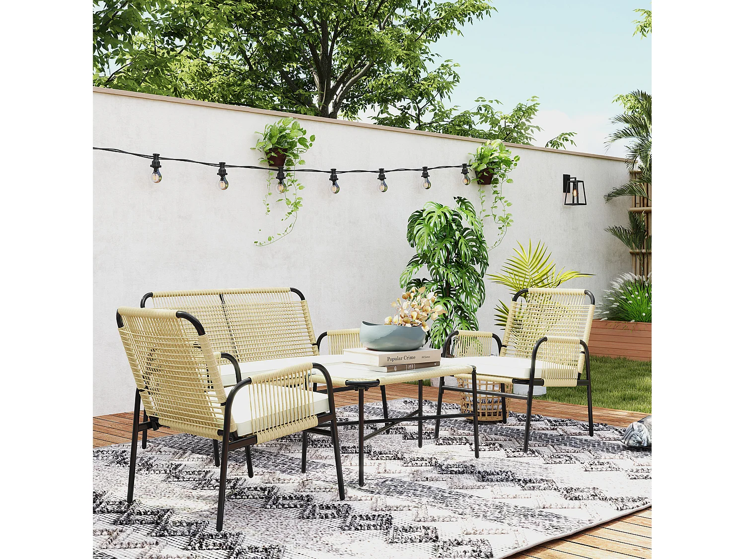 Salon de jardin 4 places 4 pièces style colonial table basse coussins crème inclus résine tressée beige