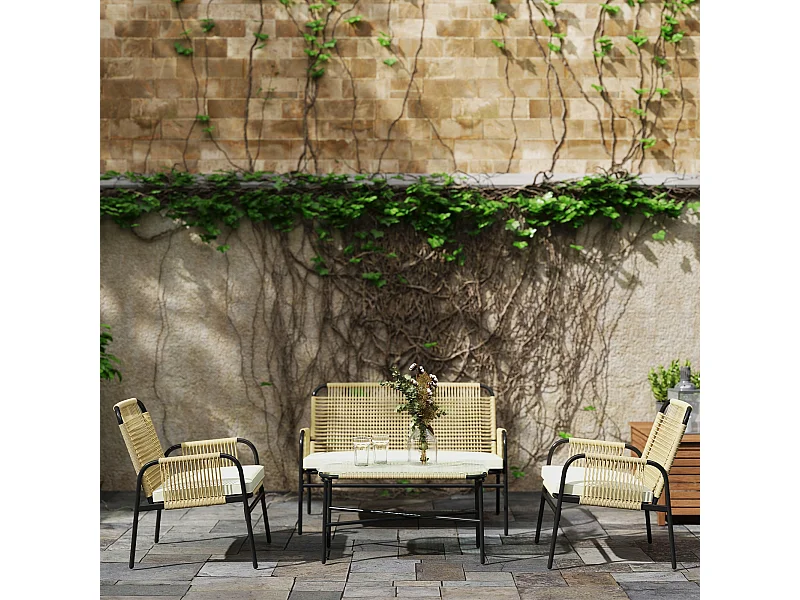 Salon de jardin 4 places 4 pièces style colonial table basse coussins crème inclus résine tressée beige