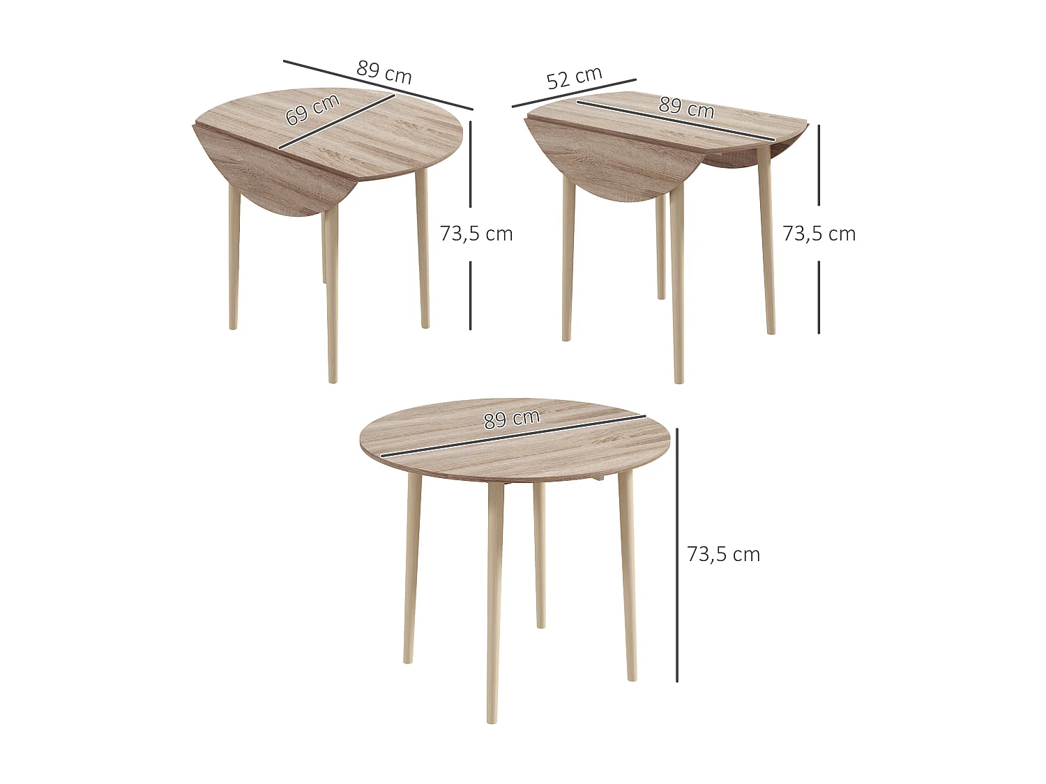 Table ronde de salle à manger cuisine pliable 2 abattants Ø 89 cm bois de pin aspect chêne clair