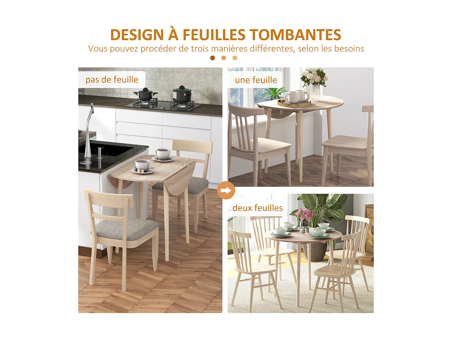 Table ronde de salle à manger cuisine pliable 2 abattants Ø 89 cm bois de pin aspect chêne clair