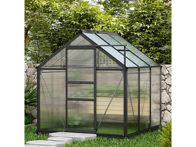 Serre de jardin aluminium polycarbonate 3,65 m² dim. 1,9L x 1,92l x 2,01H m lucarne, porte coulissante + fondation incluse alu. gris polycarbonate transparent