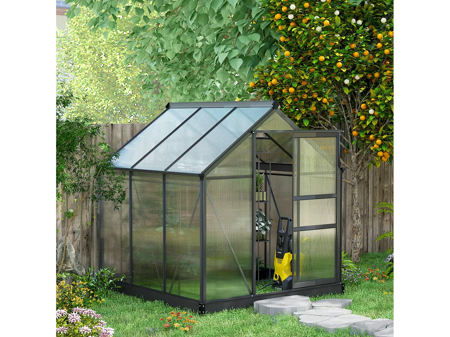 Serre de jardin aluminium polycarbonate 3,65 m² dim. 1,9L x 1,92l x 2,01H m lucarne, porte coulissante + fondation incluse alu. gris polycarbonate transparent