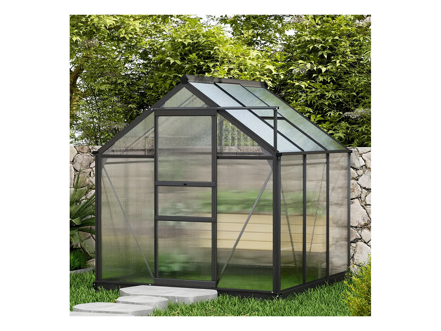 Serre de jardin aluminium polycarbonate 3,65 m² dim. 1,9L x 1,92l x 2,01H m lucarne, porte coulissante + fondation incluse alu. gris polycarbonate transparent