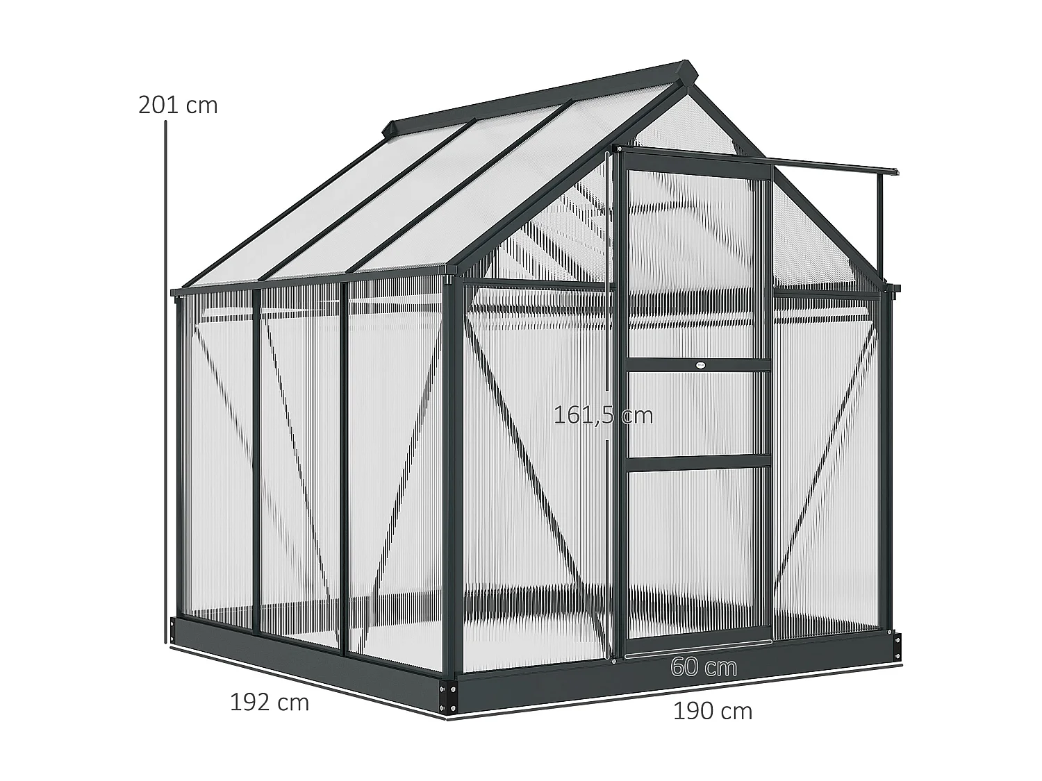 Serre de jardin aluminium polycarbonate 3,65 m² dim. 1,9L x 1,92l x 2,01H m lucarne, porte coulissante + fondation incluse alu. gris polycarbonate transparent