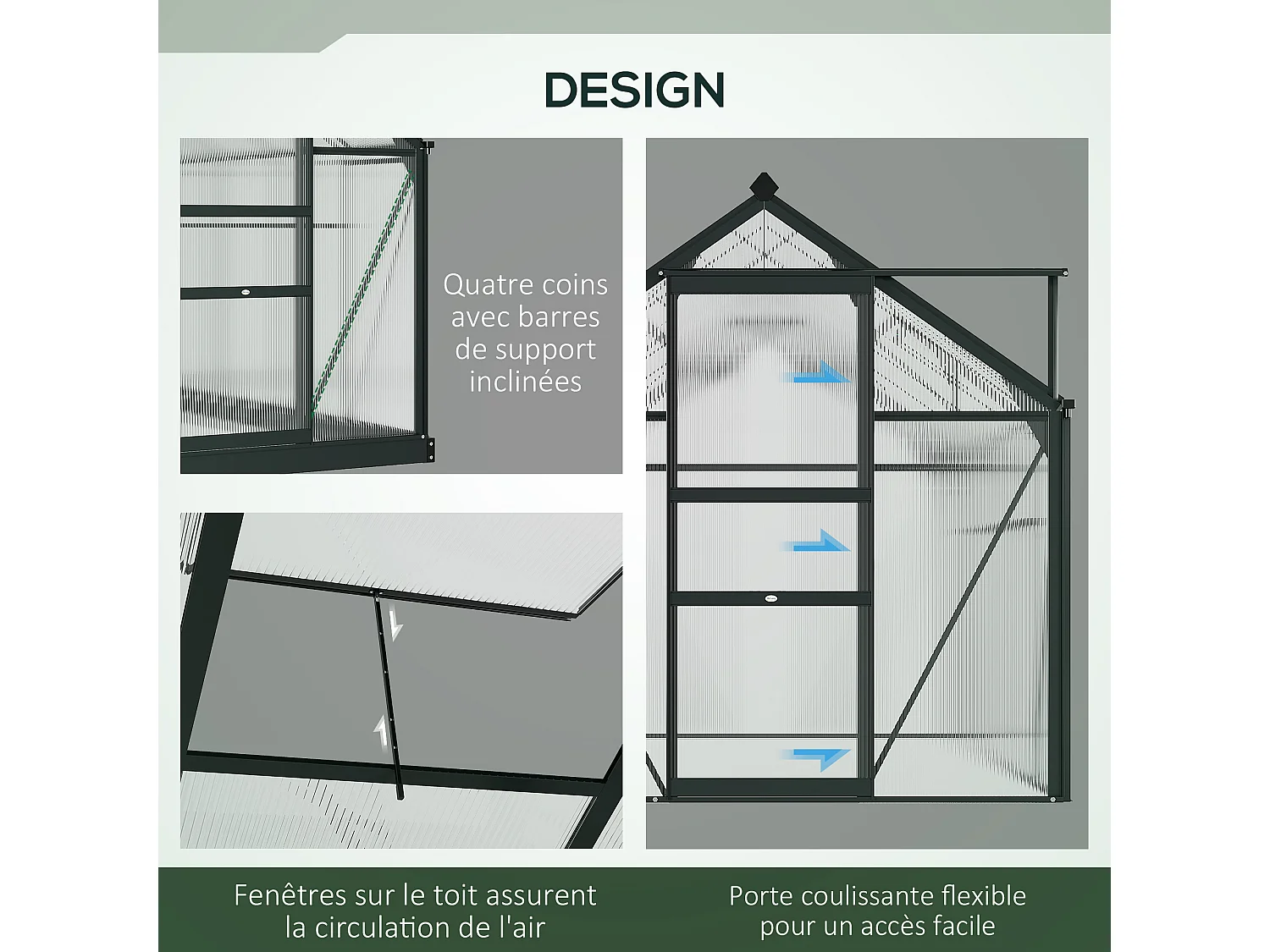 Serre de jardin aluminium polycarbonate 3,65 m² dim. 1,9L x 1,92l x 2,01H m lucarne, porte coulissante + fondation incluse alu. gris polycarbonate transparent