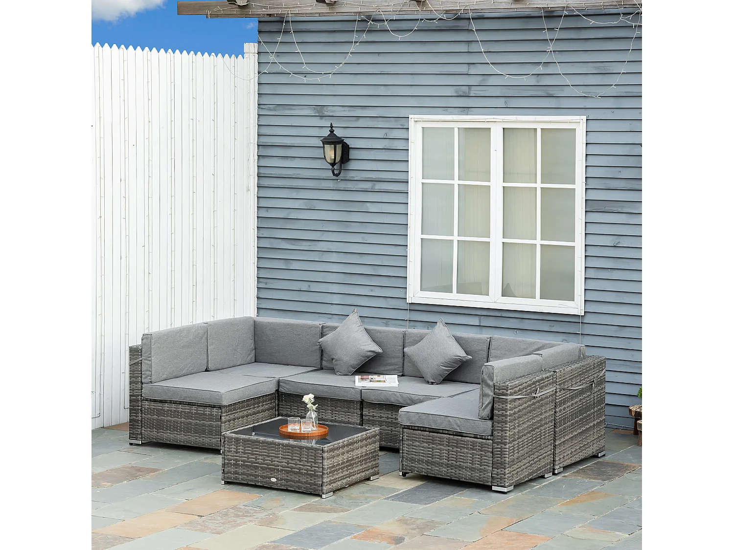 Ensemble salon de jardin 7 pièces modulables - table basse plateau verre trempé, coussins déhoussables - résine tressée grise