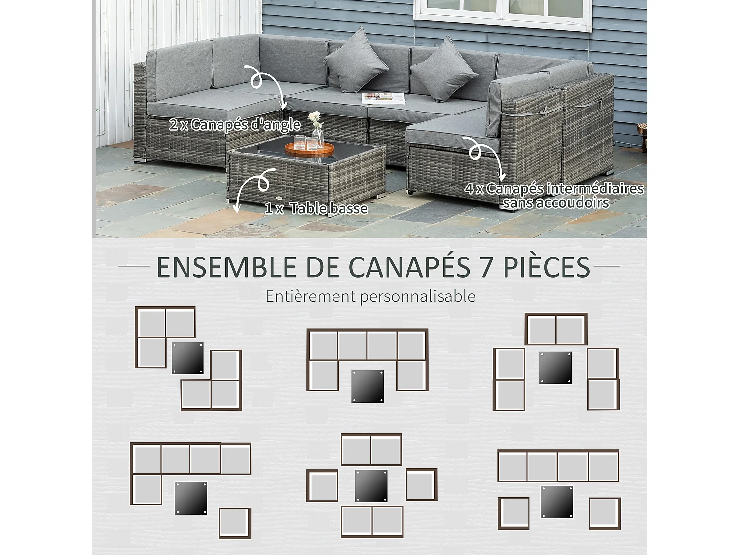 Ensemble salon de jardin 7 pièces modulables - table basse plateau verre trempé, coussins déhoussables - résine tressée grise