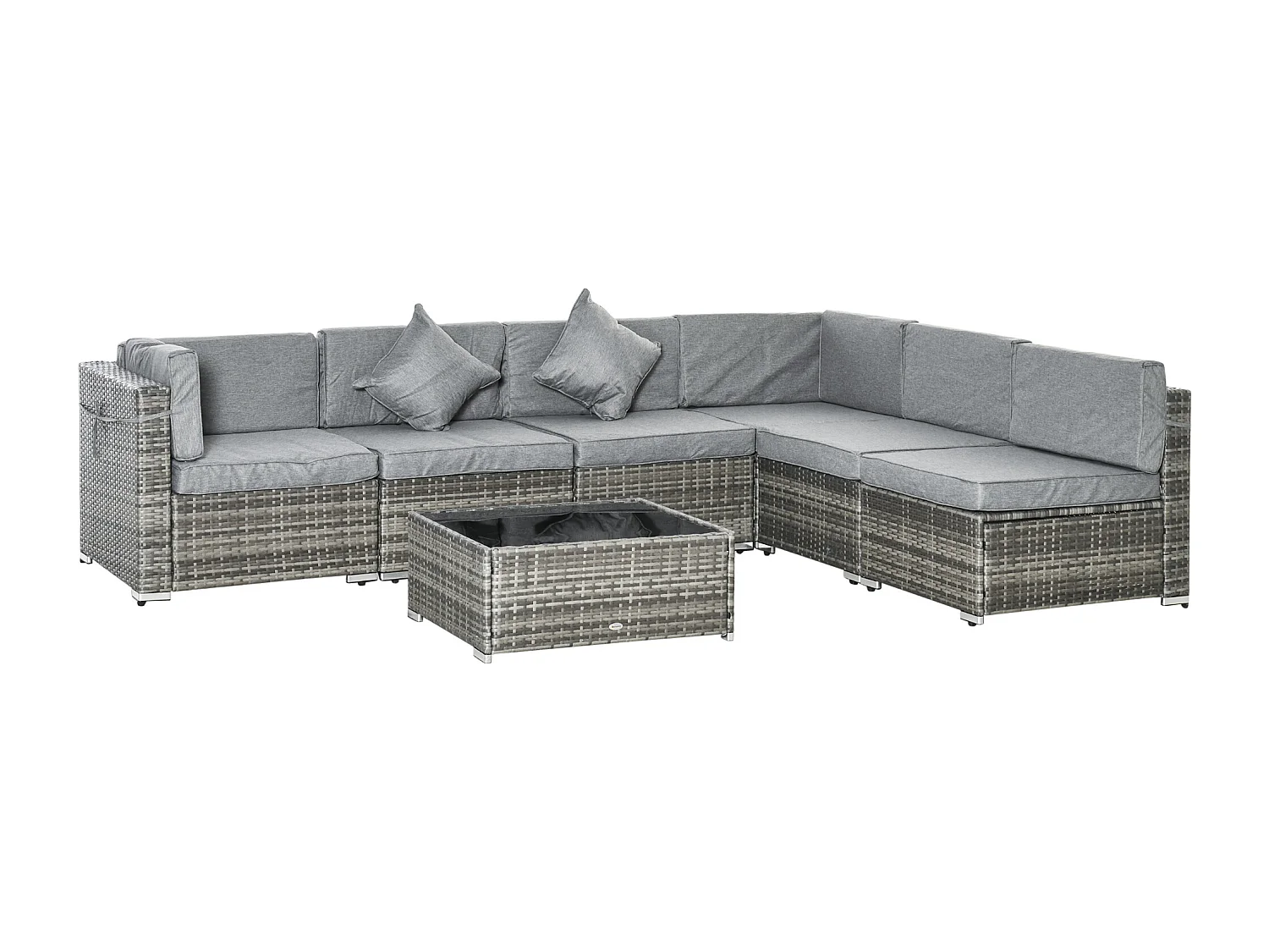 Ensemble salon de jardin 7 pièces modulables - table basse plateau verre trempé, coussins déhoussables - résine tressée grise