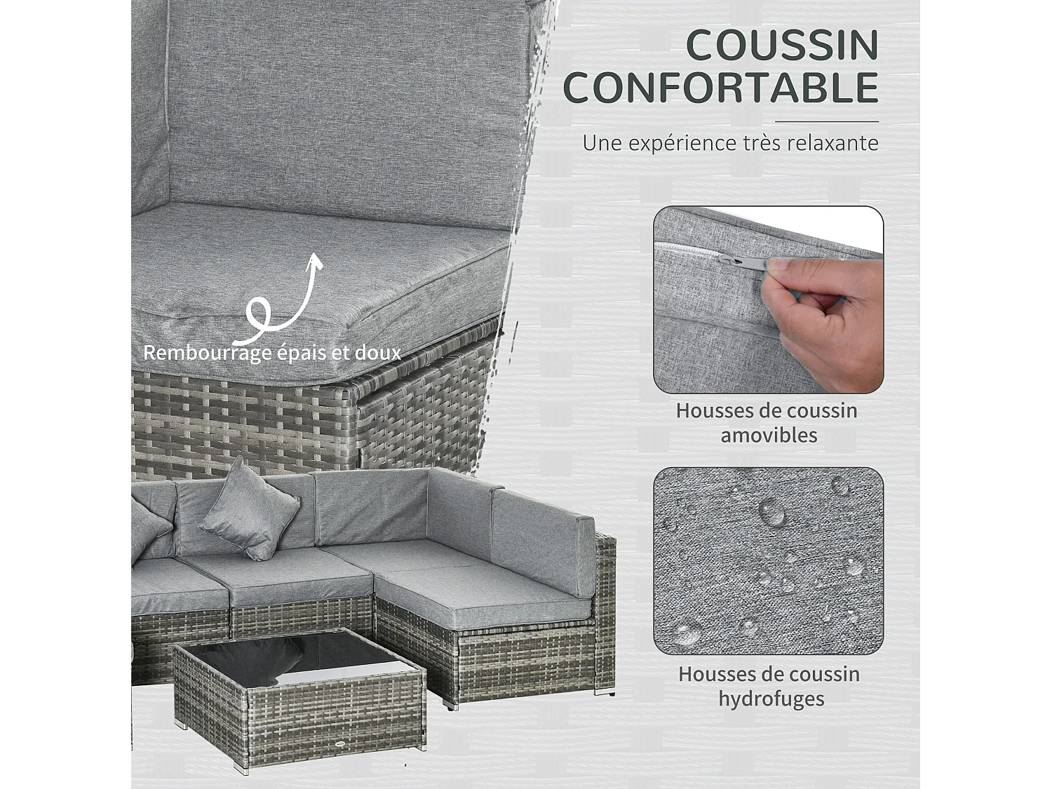 Ensemble salon de jardin 7 pièces modulables - table basse plateau verre trempé, coussins déhoussables - résine tressée grise