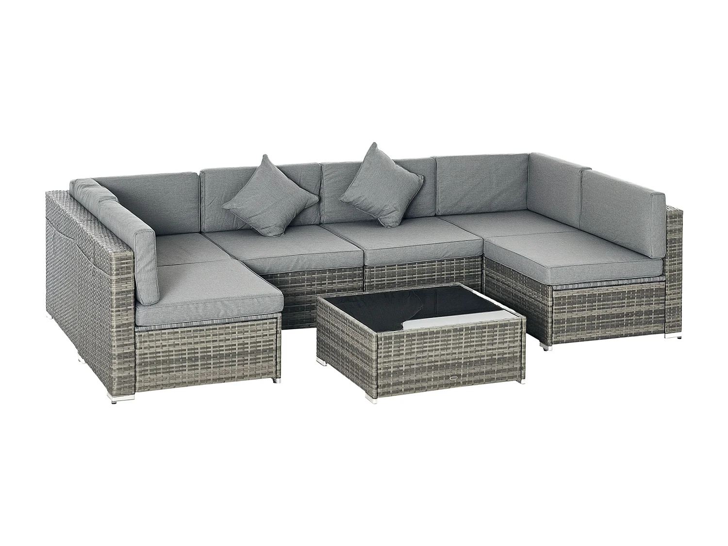 Ensemble salon de jardin 7 pièces modulables - table basse plateau verre trempé, coussins déhoussables - résine tressée grise