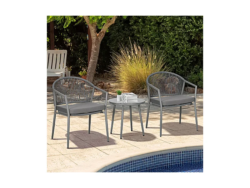 Ensemble bistrot de jardin 3 pcs 2 fauteuils table basse coussins gris