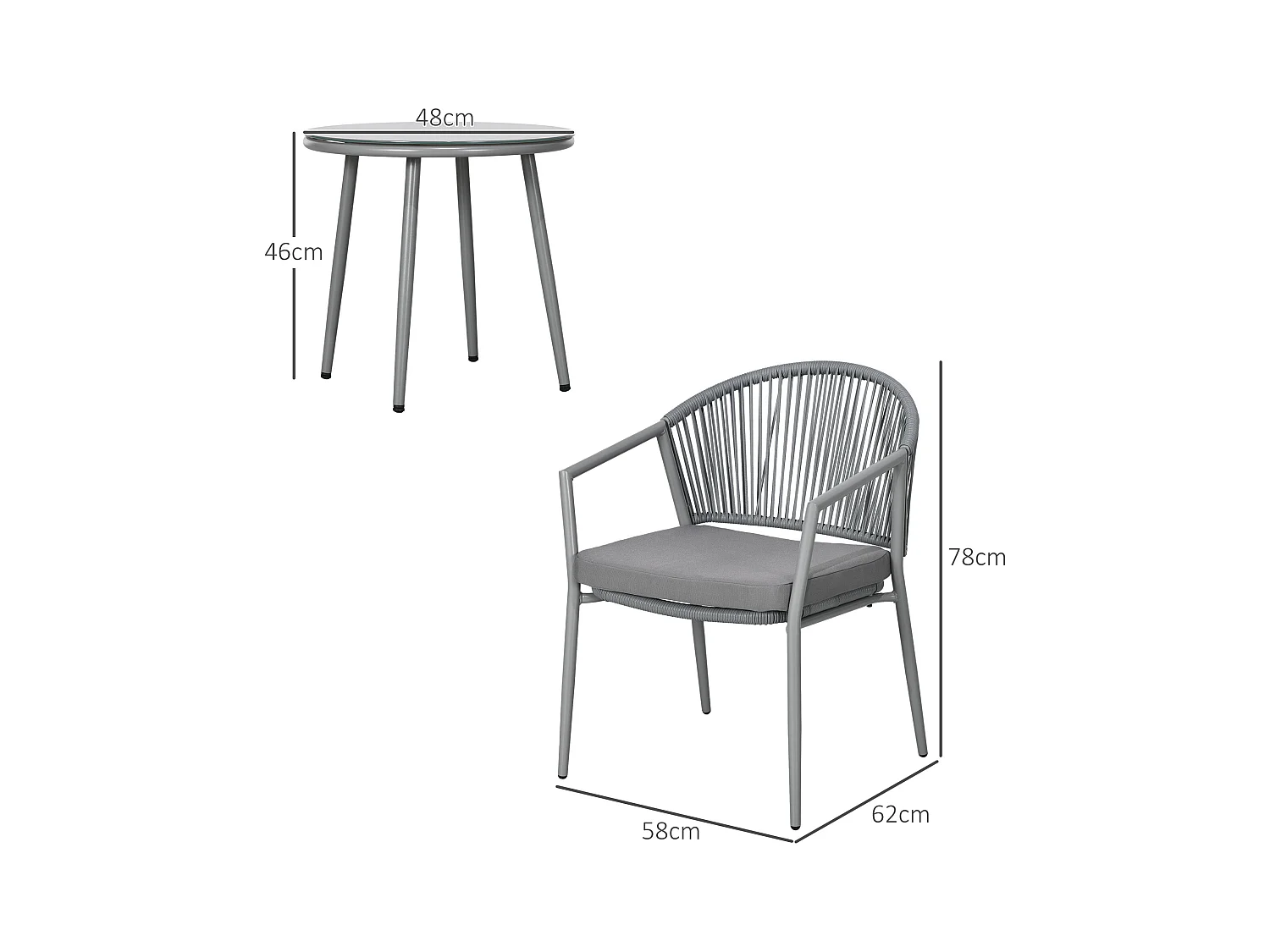 Ensemble bistrot de jardin 3 pcs 2 fauteuils table basse coussins gris