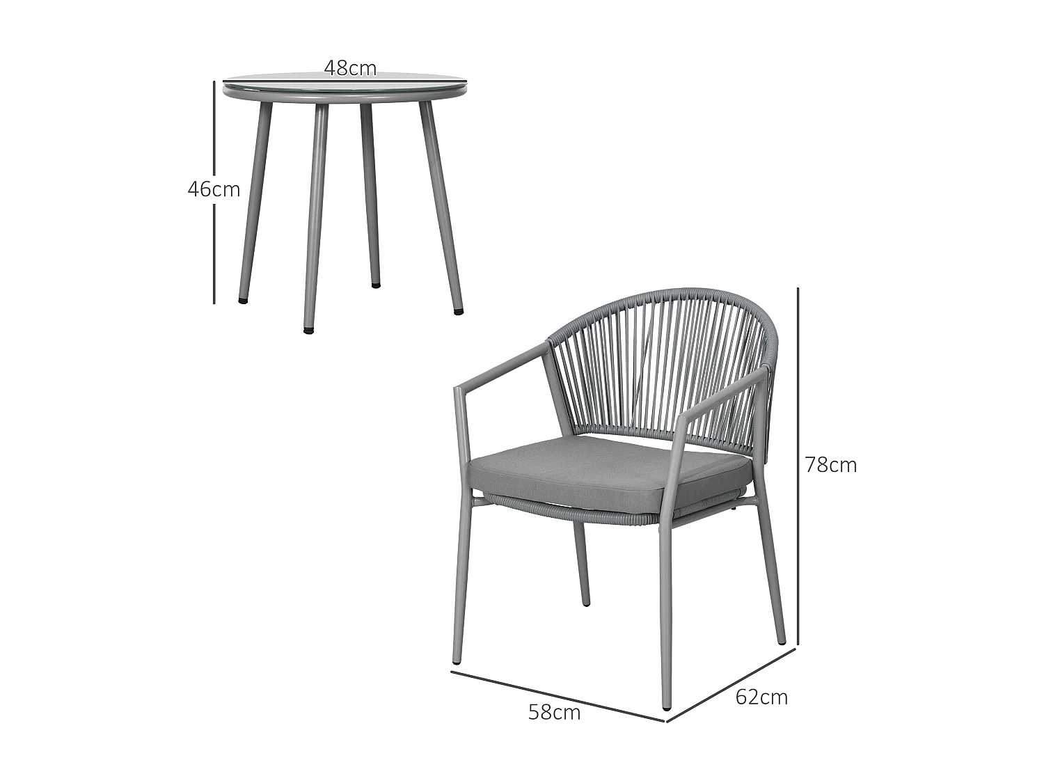 Ensemble bistrot de jardin 3 pcs 2 fauteuils table basse coussins gris