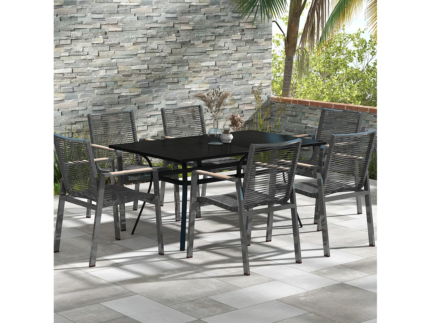 Table de jardin rectangulaire 6 personnes acier plateau aspect bois noir