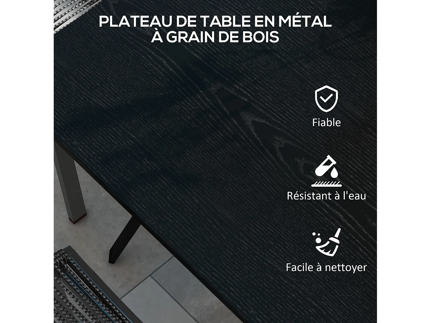 Table de jardin rectangulaire 6 personnes acier plateau aspect bois noir