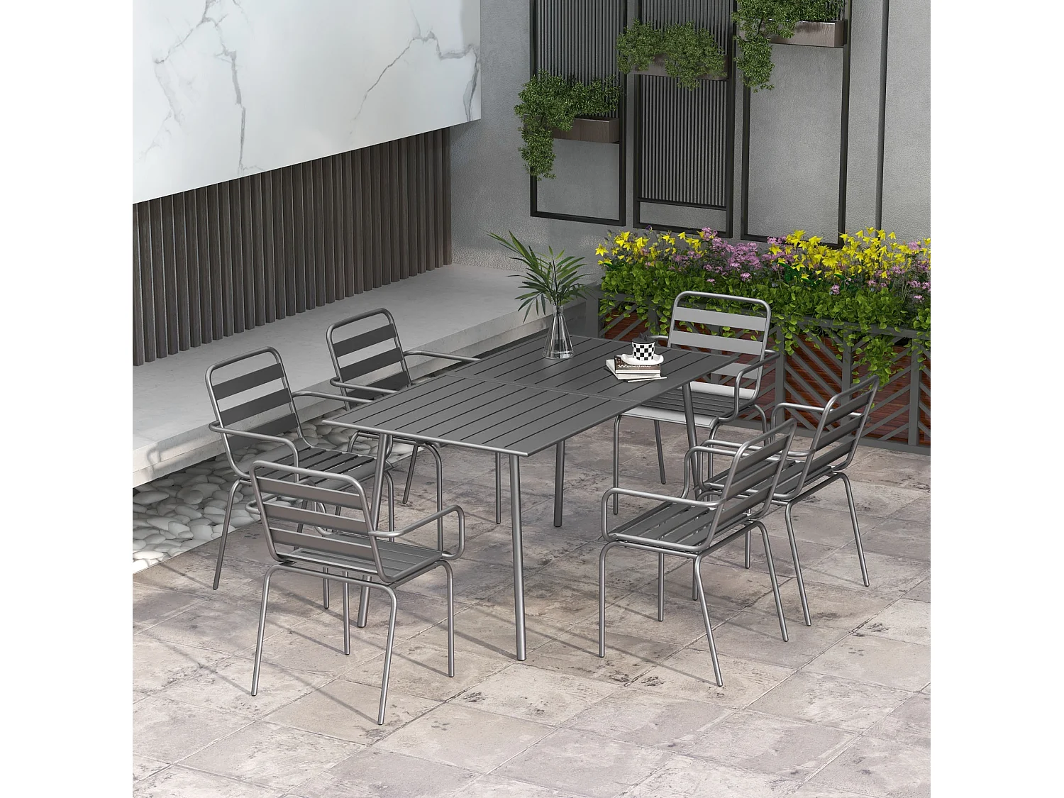 Salon de jardin 6 places 7 pièces - table à manger 6 chaises empilables - acier thermolaqué gris