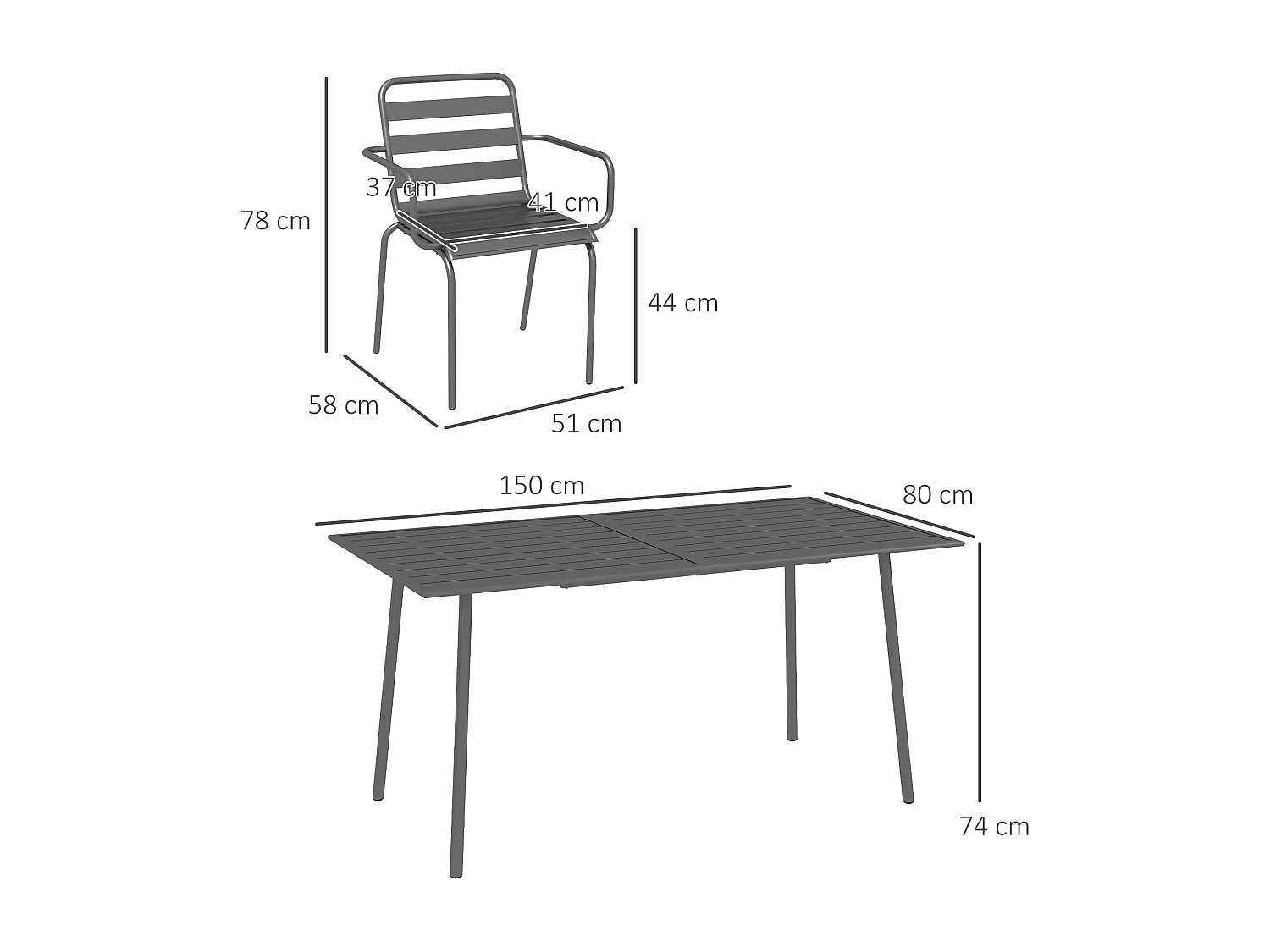 Salon de jardin 6 places 7 pièces - table à manger 6 chaises empilables - acier thermolaqué gris