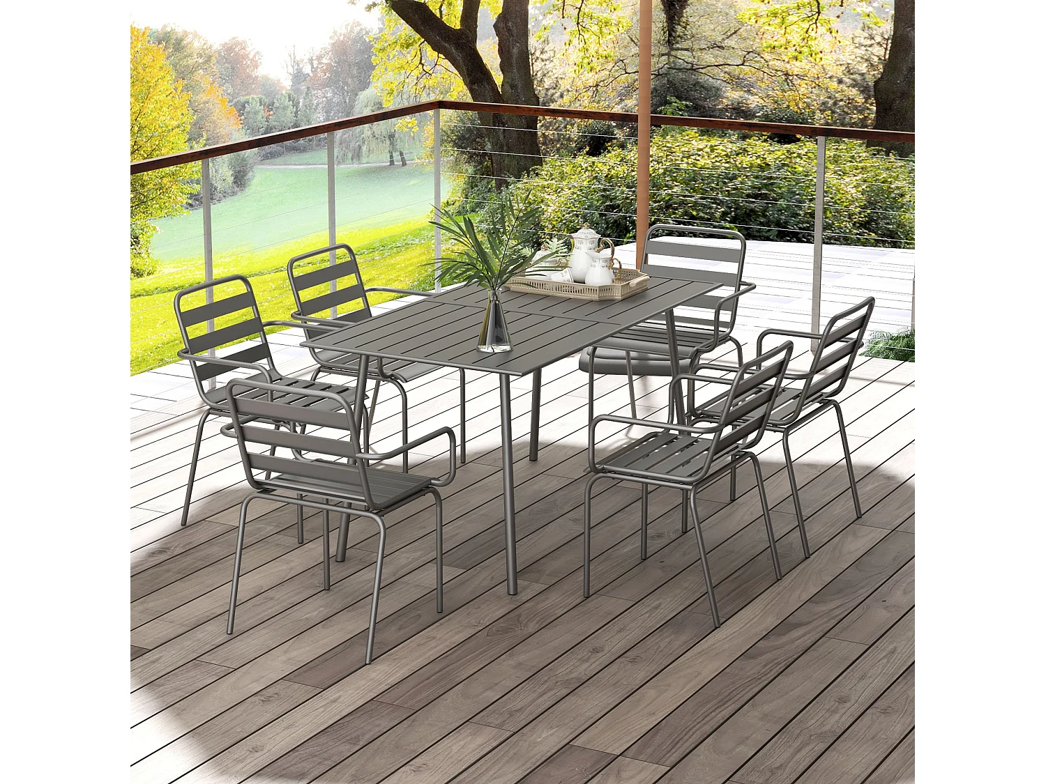 Salon de jardin 6 places 7 pièces - table à manger 6 chaises empilables - acier thermolaqué gris