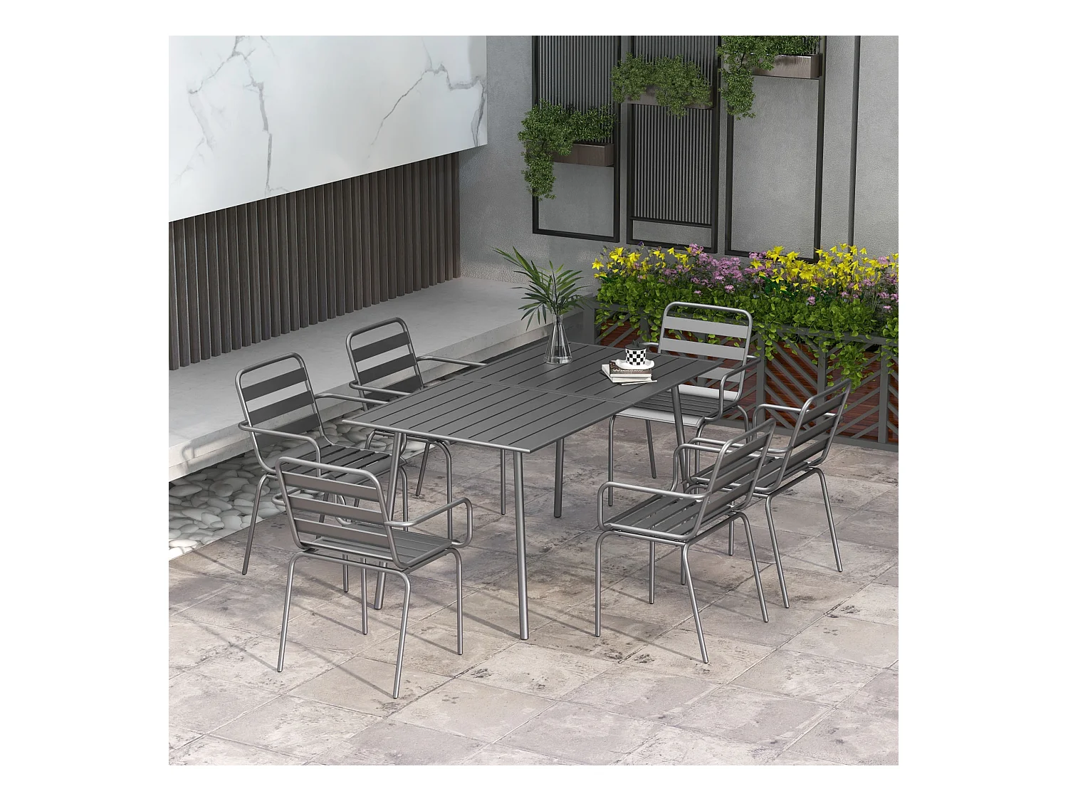 Salon de jardin 6 places 7 pièces - table à manger 6 chaises empilables - acier thermolaqué gris