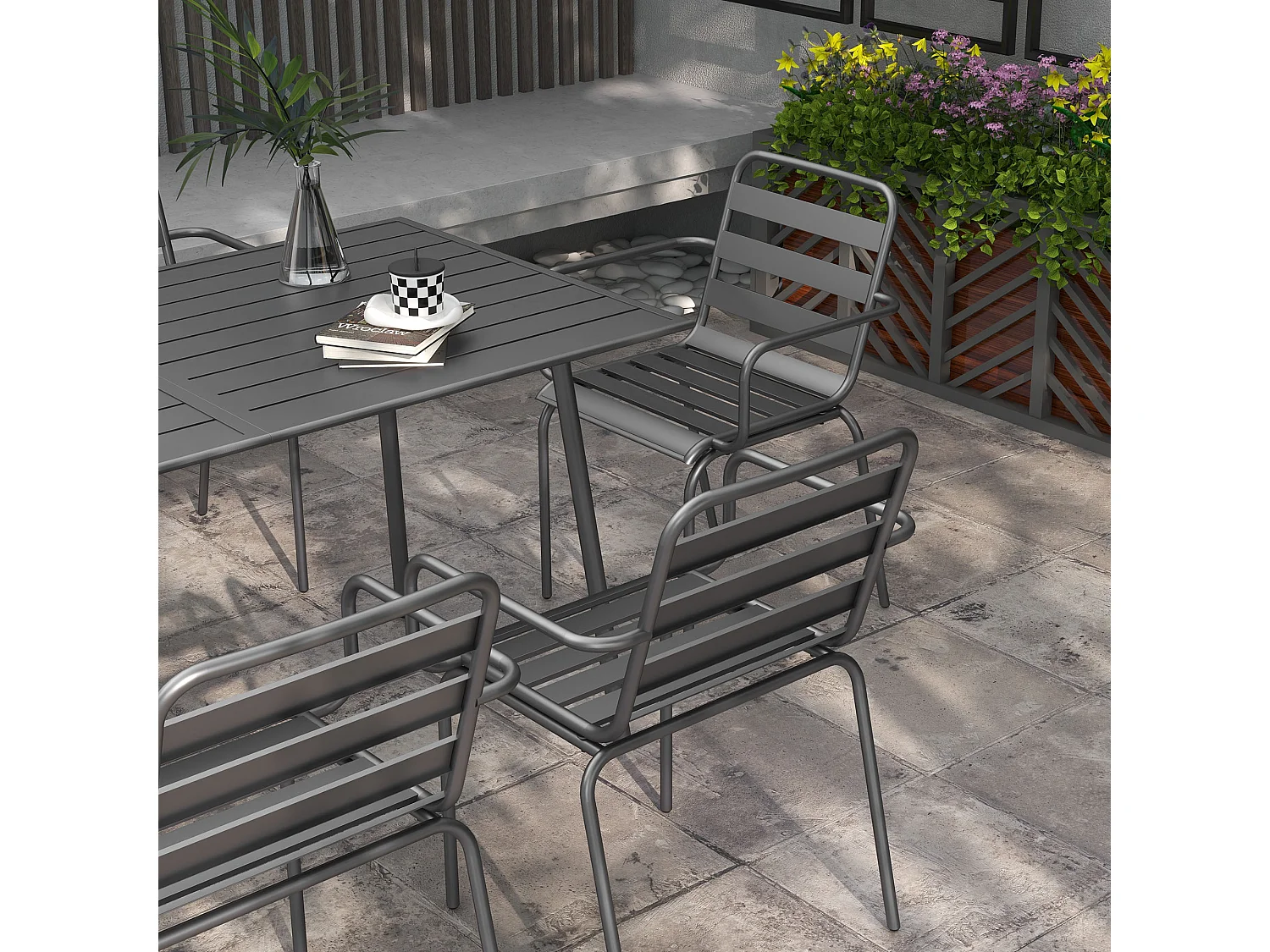 Salon de jardin 6 places 7 pièces - table à manger 6 chaises empilables - acier thermolaqué gris