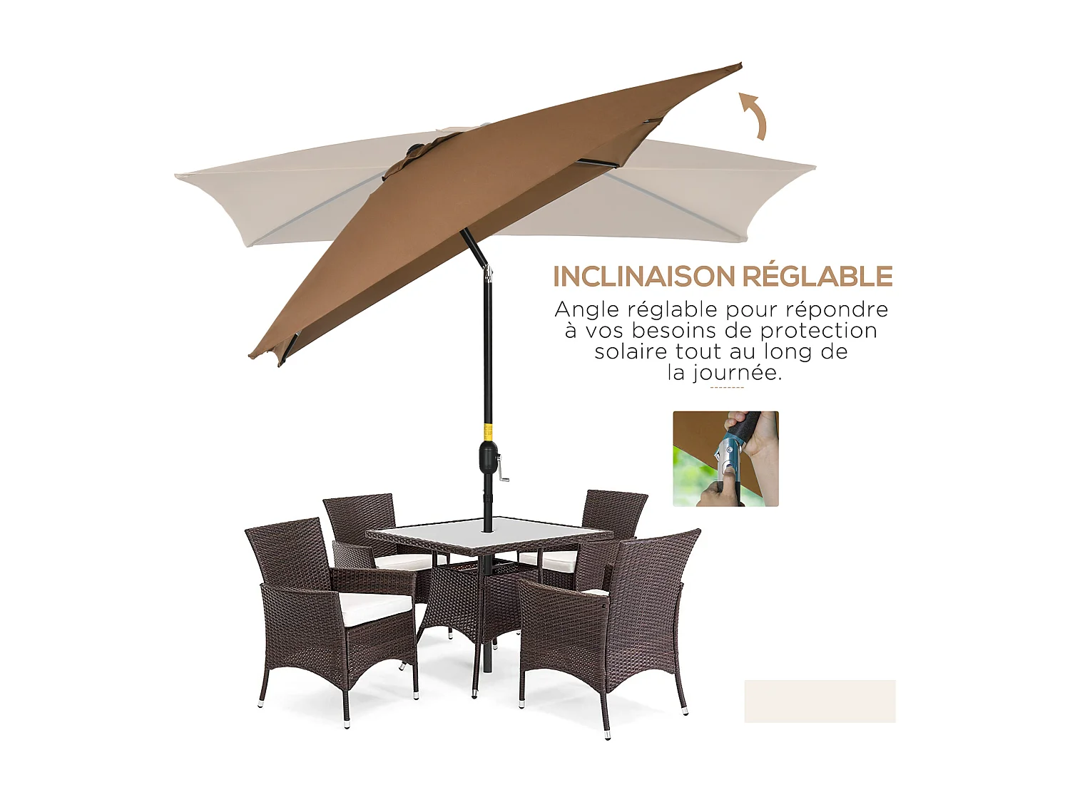 Parasol inclinable rectangulaire métal polyester haute densité 2,95L x 1,95l x 2,4H m chocolat