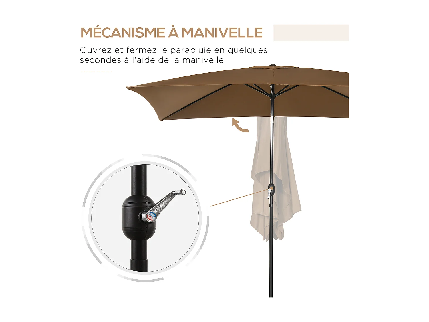 Parasol inclinable rectangulaire métal polyester haute densité 2,95L x 1,95l x 2,4H m chocolat