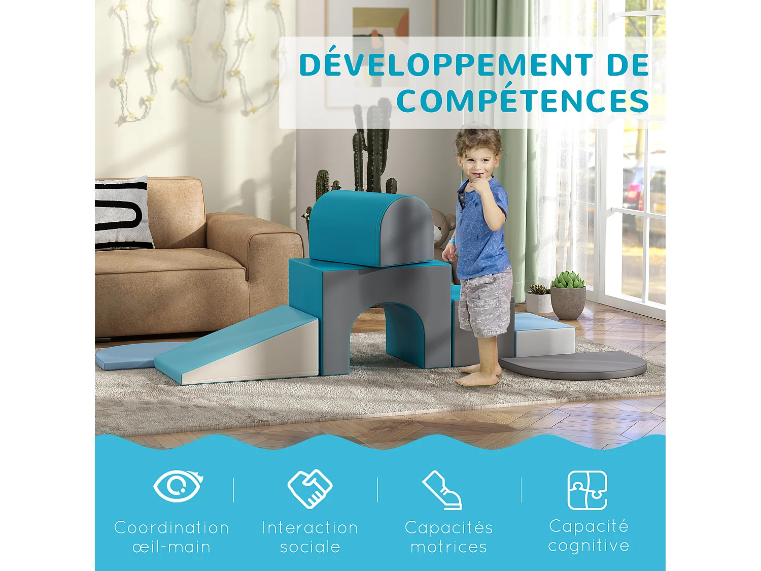 7 blocs de construction en mousse XL - modules de motricité - normes EN71-1-2-3 - mousse EPE revêtement PU gris bleu