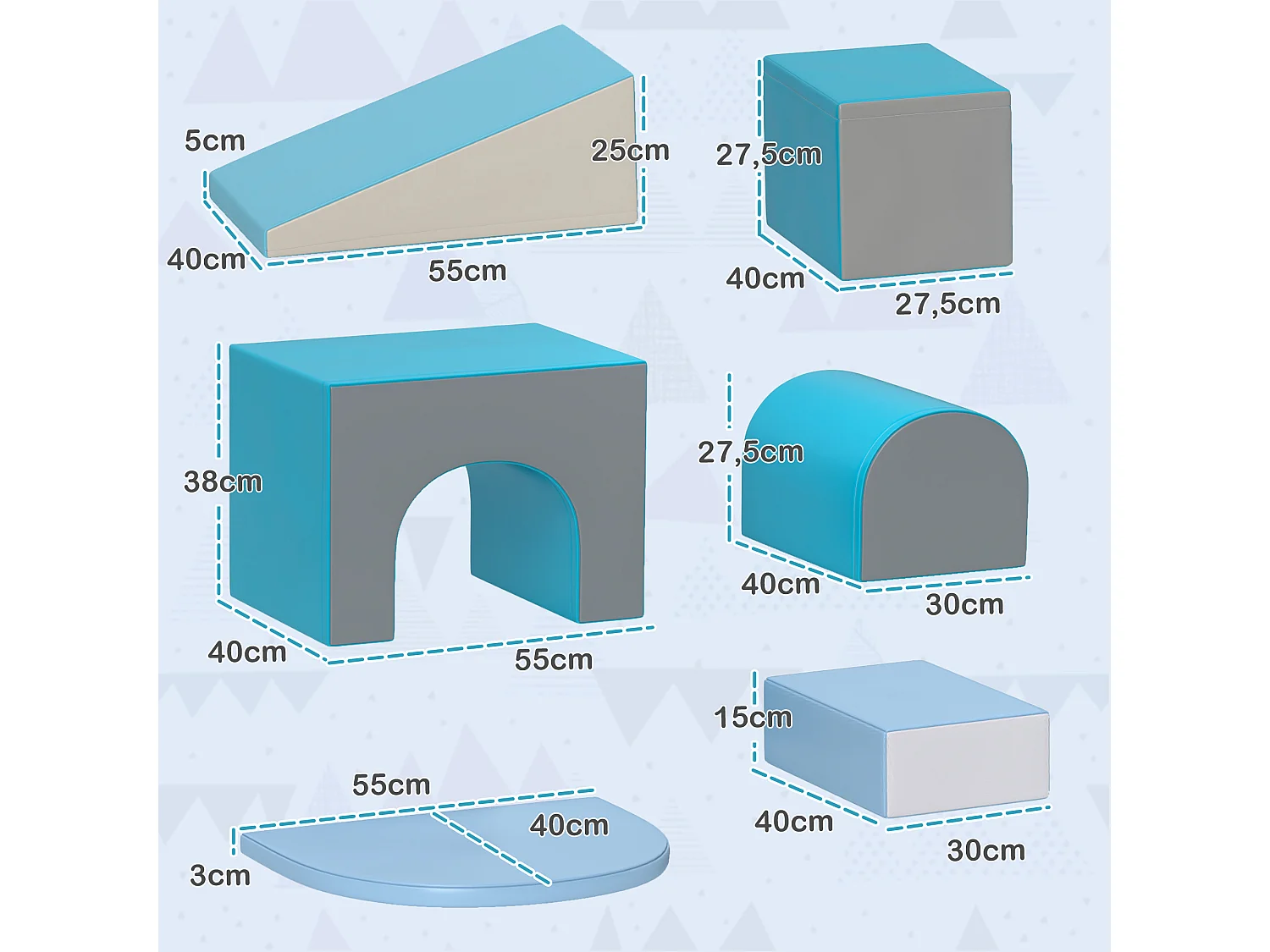 7 blocs de construction en mousse XL - modules de motricité - normes EN71-1-2-3 - mousse EPE revêtement PU gris bleu