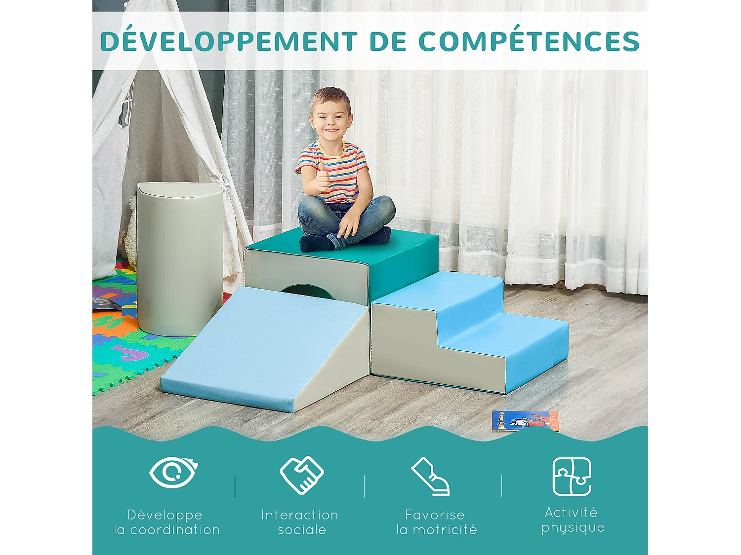 4 blocs de construction en mousse XL - modules de motricité - certifiés normes EN71-1-2-3 - mousse EPE revêtement PU gris bleu