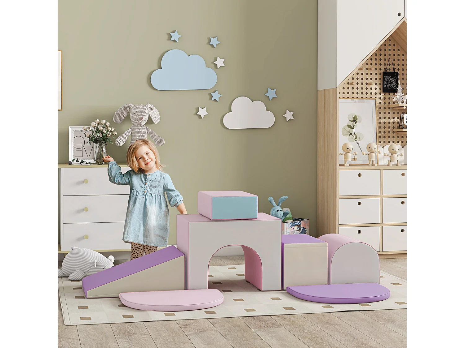 7 blocs de construction en mousse XL - modules de motricité - normes EN71-1-2-3 - mousse EPE revêtement PU mauve rose