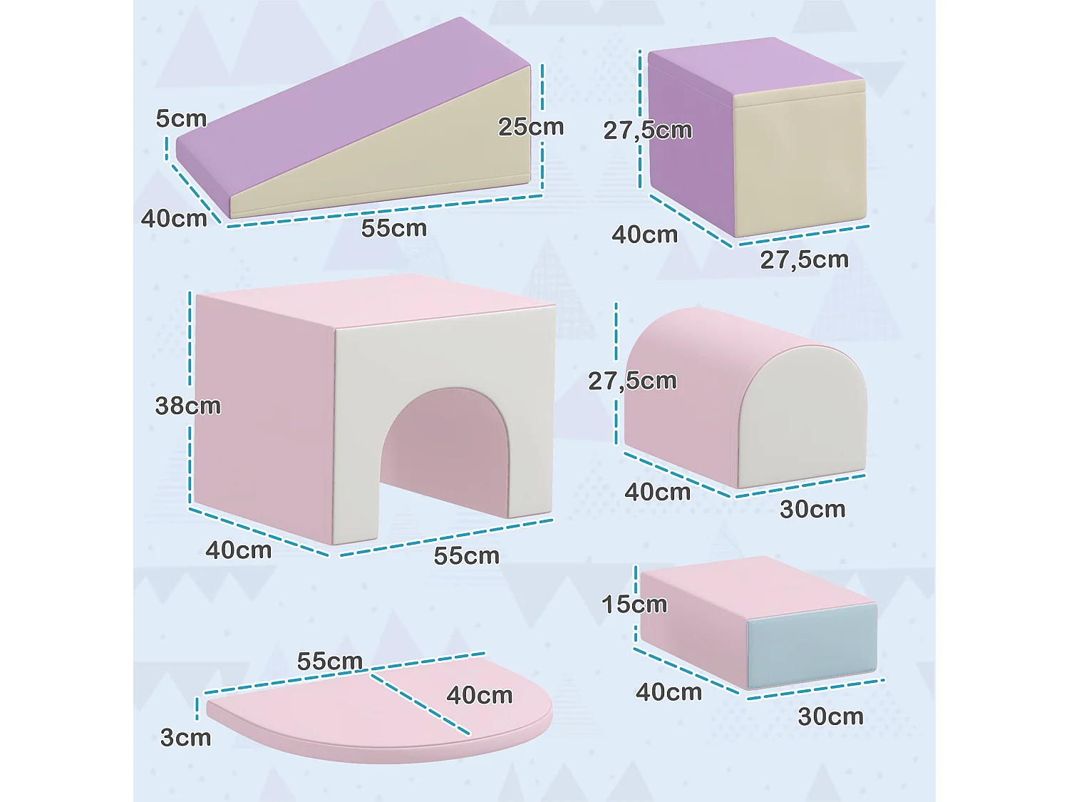 7 blocs de construction en mousse XL - modules de motricité - normes EN71-1-2-3 - mousse EPE revêtement PU mauve rose