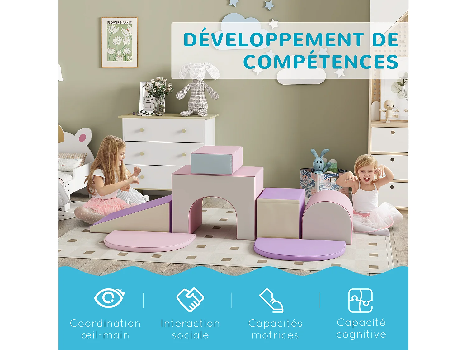 7 blocs de construction en mousse XL - modules de motricité - normes EN71-1-2-3 - mousse EPE revêtement PU mauve rose