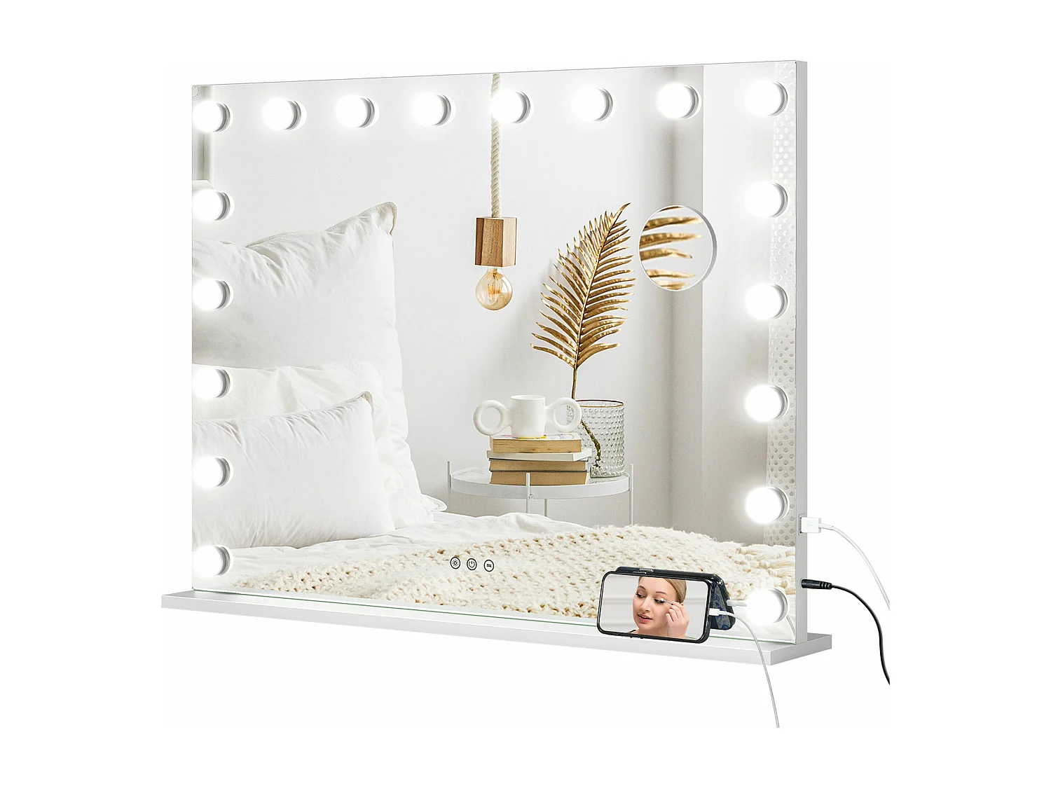 Miroir maquillage Hollywood lumineux LED intensité réglable grossissant charge USB support blanc
