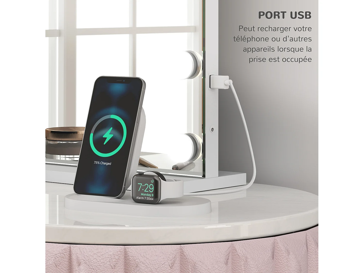 Miroir maquillage Hollywood lumineux LED intensité réglable grossissant charge USB support blanc