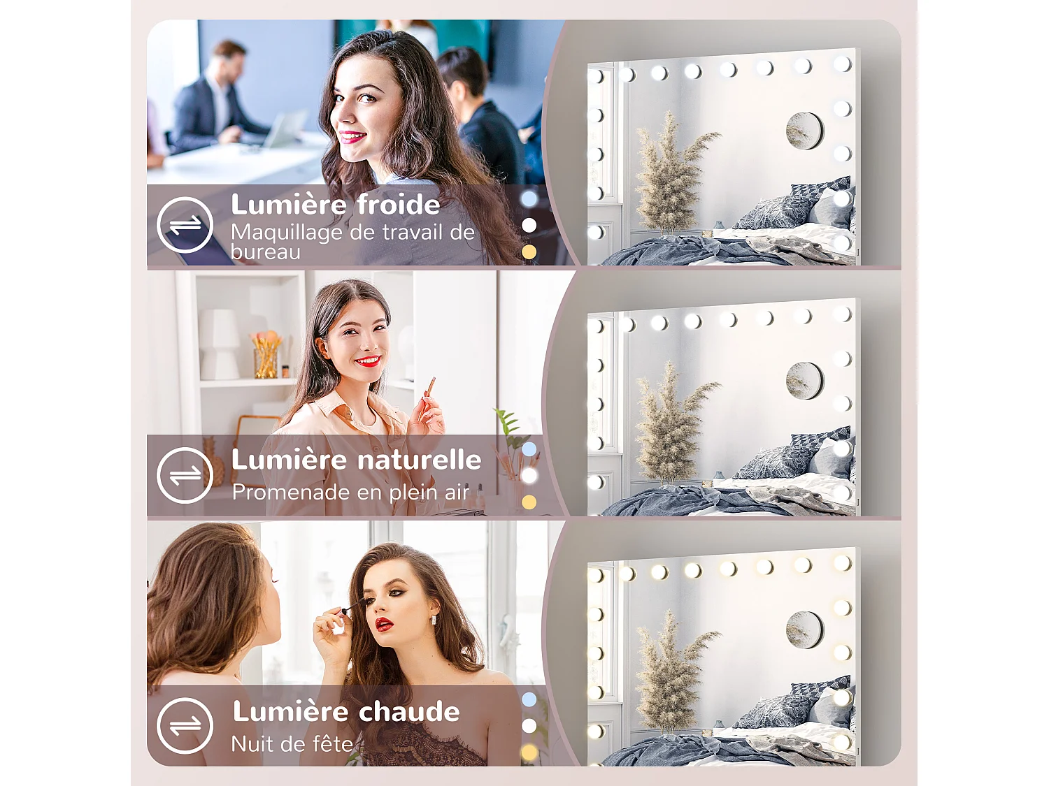 Miroir maquillage Hollywood lumineux LED intensité réglable grossissant charge USB support blanc