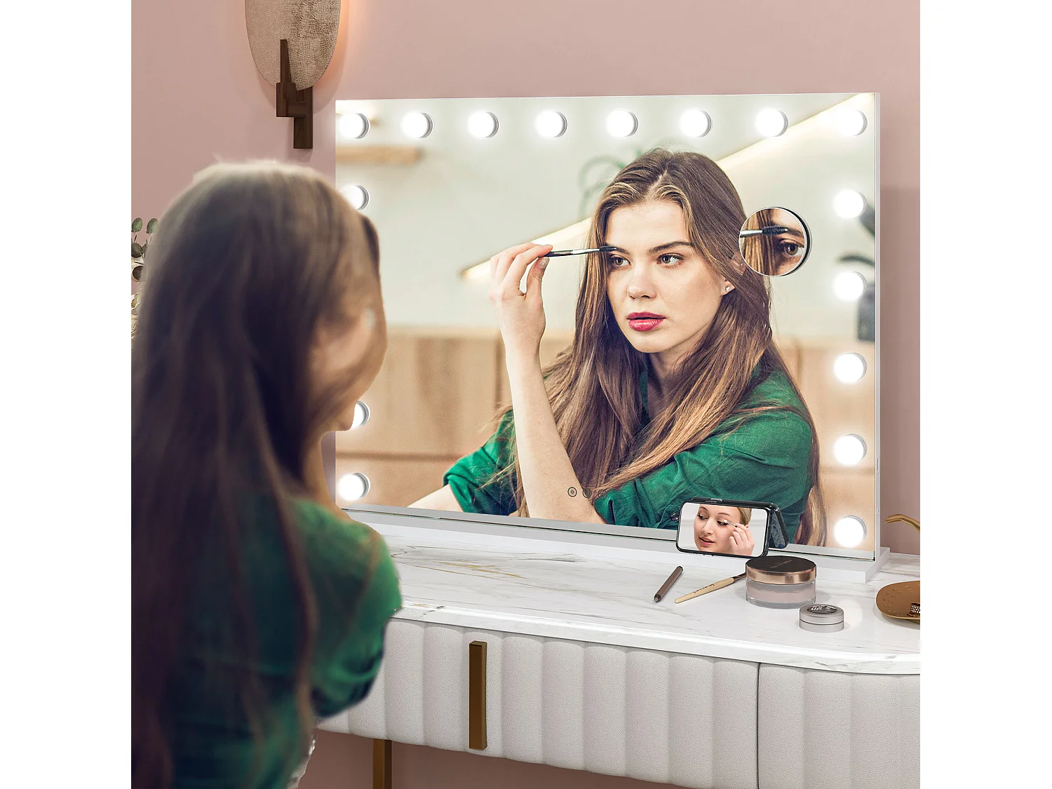 Miroir maquillage Hollywood lumineux LED intensité réglable grossissant charge USB support blanc