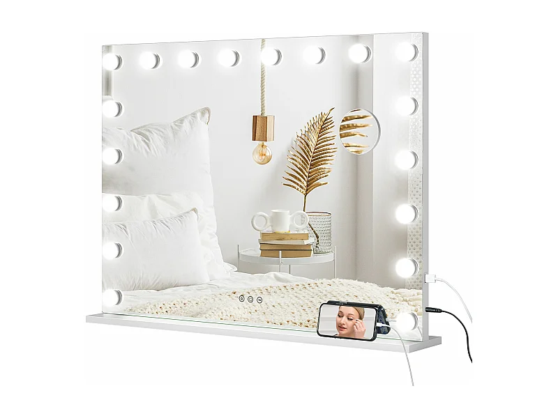 Miroir maquillage Hollywood lumineux LED intensité réglable grossissant charge USB support blanc