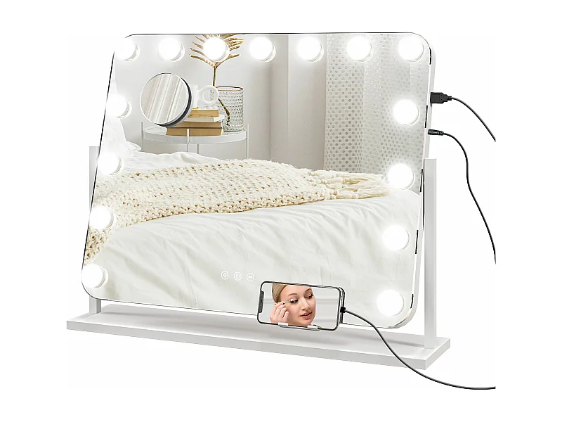 Miroir maquillage Hollywood lumineux LED intensité réglable grossissant rotatif charge USB support blanc