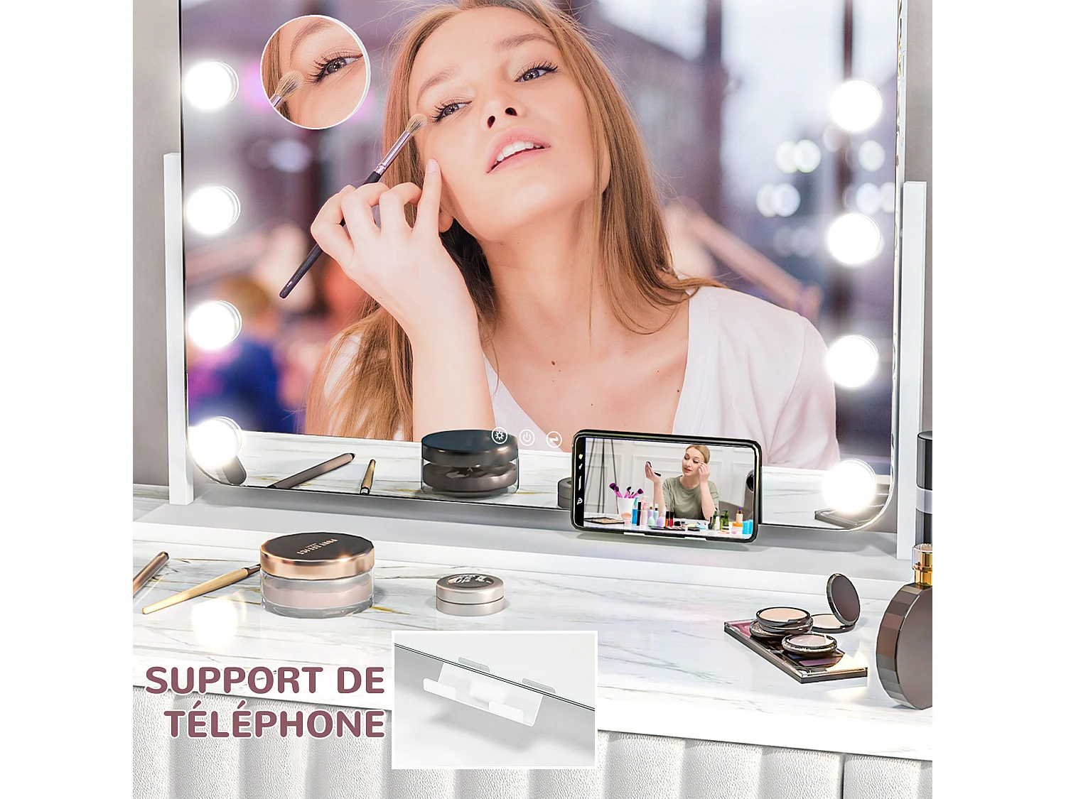 Miroir maquillage Hollywood lumineux LED intensité réglable grossissant rotatif charge USB support blanc