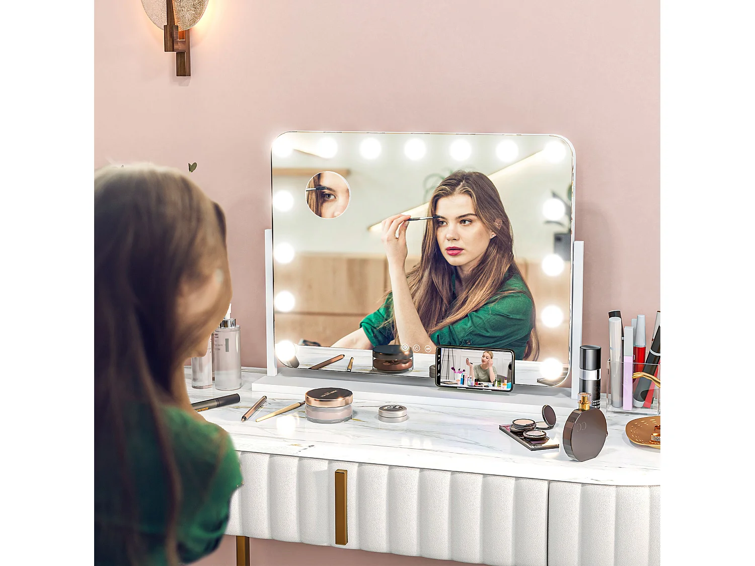 Miroir maquillage Hollywood lumineux LED intensité réglable grossissant rotatif charge USB support blanc