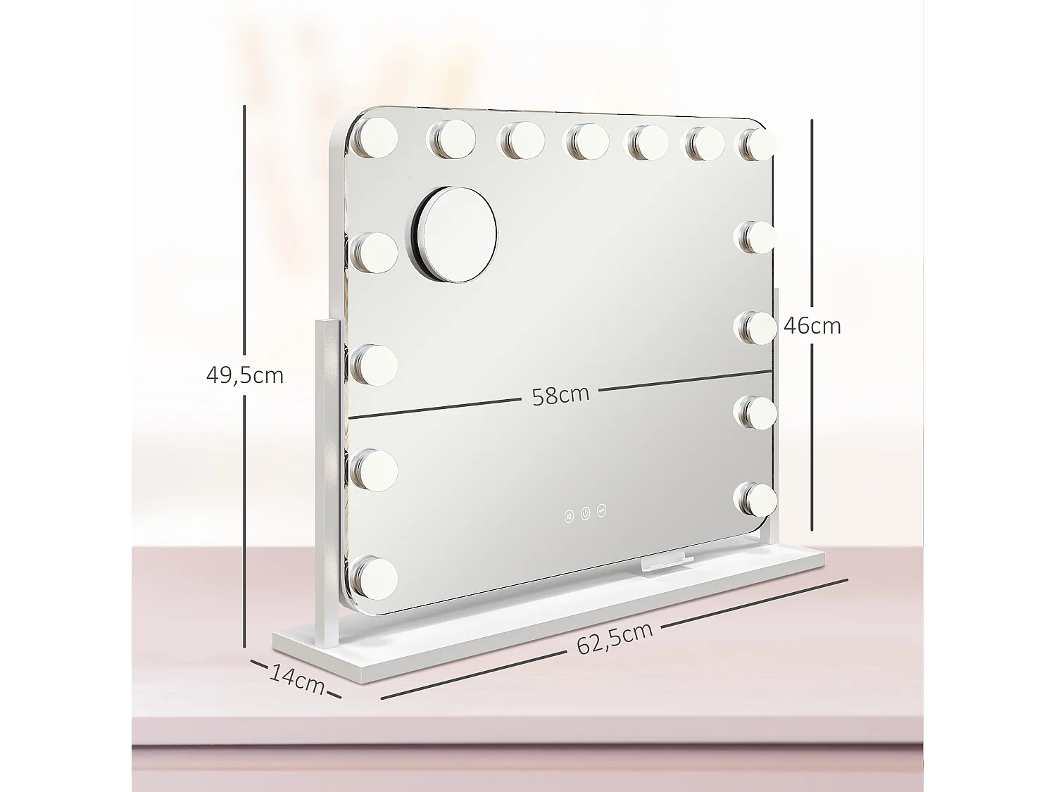 Miroir maquillage Hollywood lumineux LED intensité réglable grossissant rotatif charge USB support blanc