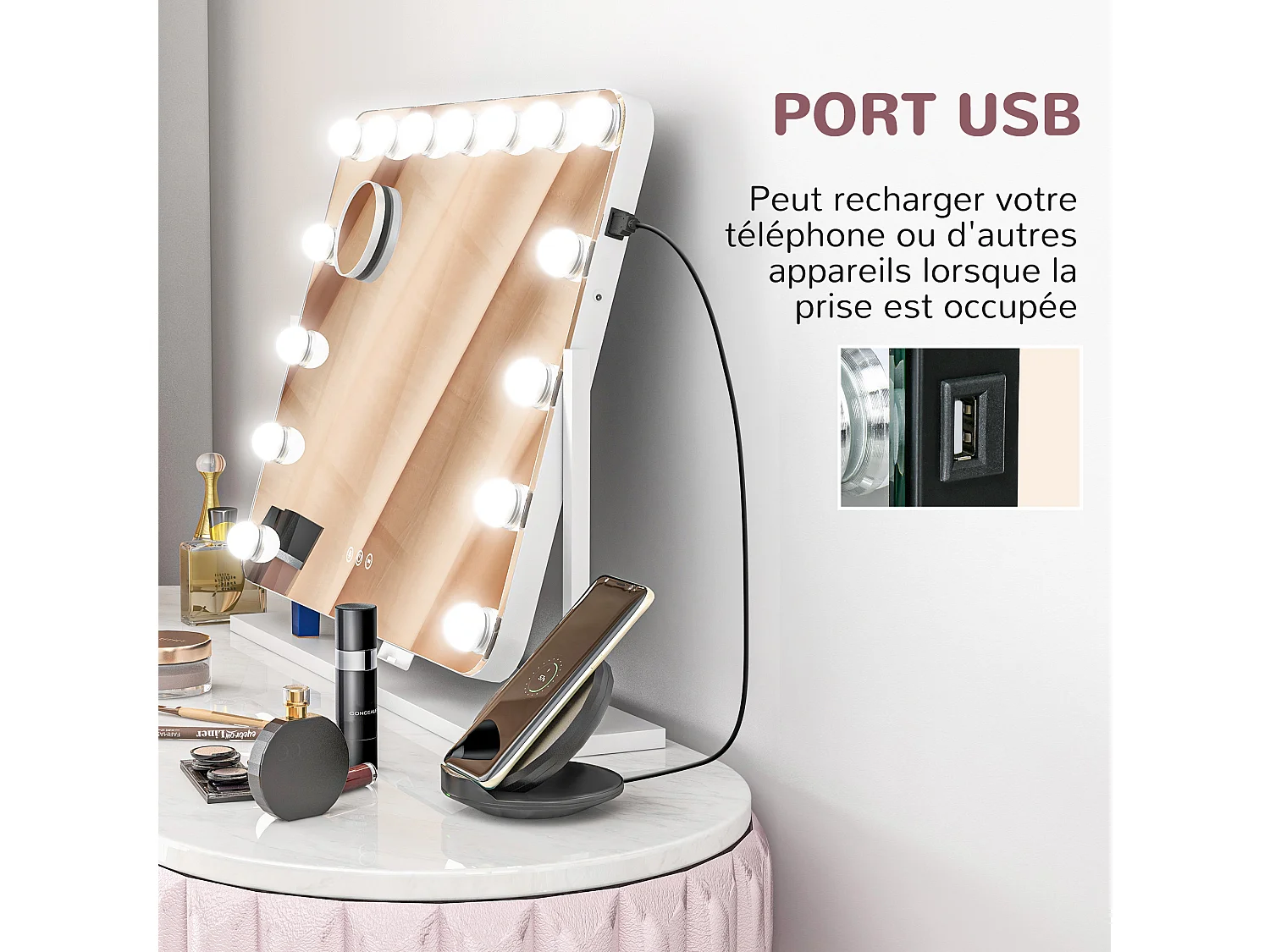 Miroir maquillage Hollywood lumineux LED intensité réglable grossissant rotatif charge USB support blanc