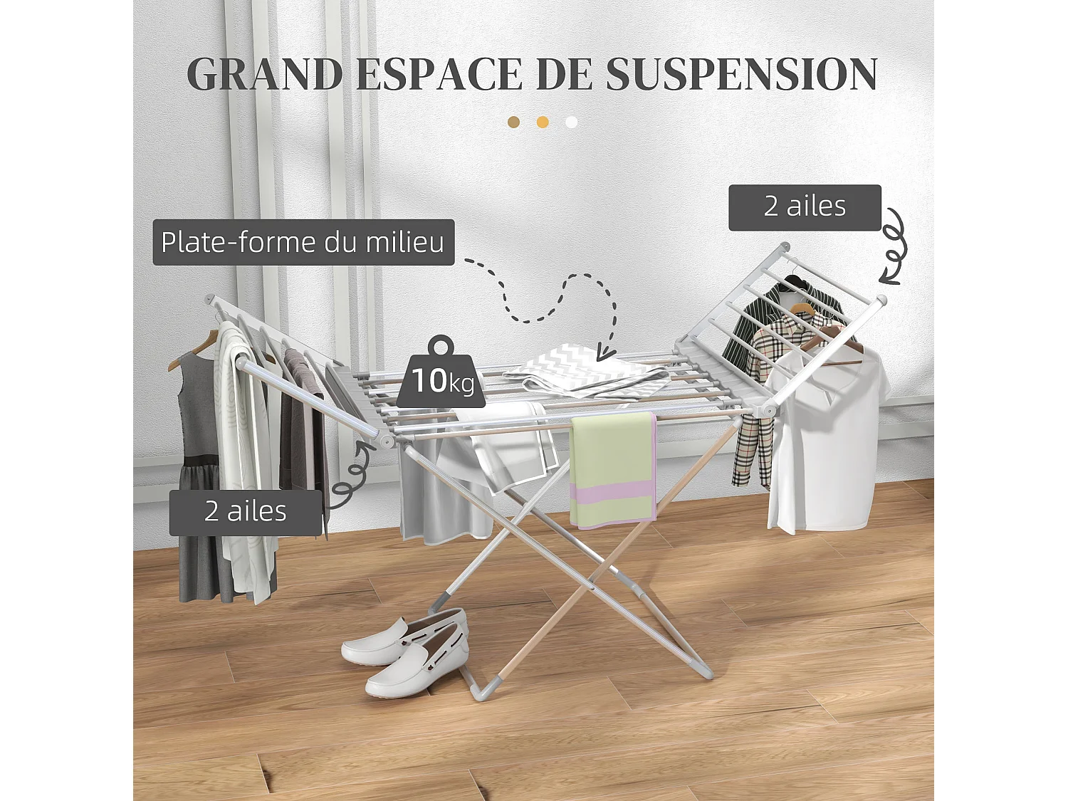 Etendoir séchoir linge pliable 2 ailes latérales extensibles alliage aluminium