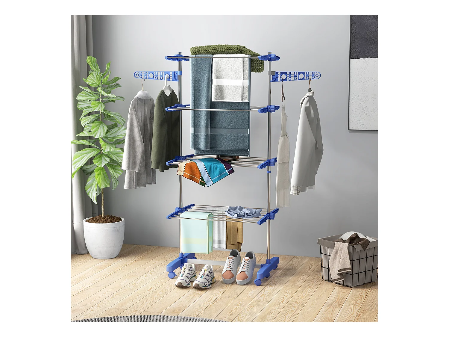Séchoir à linge étendoir pliable ailes latérales 4 niveaux bleu